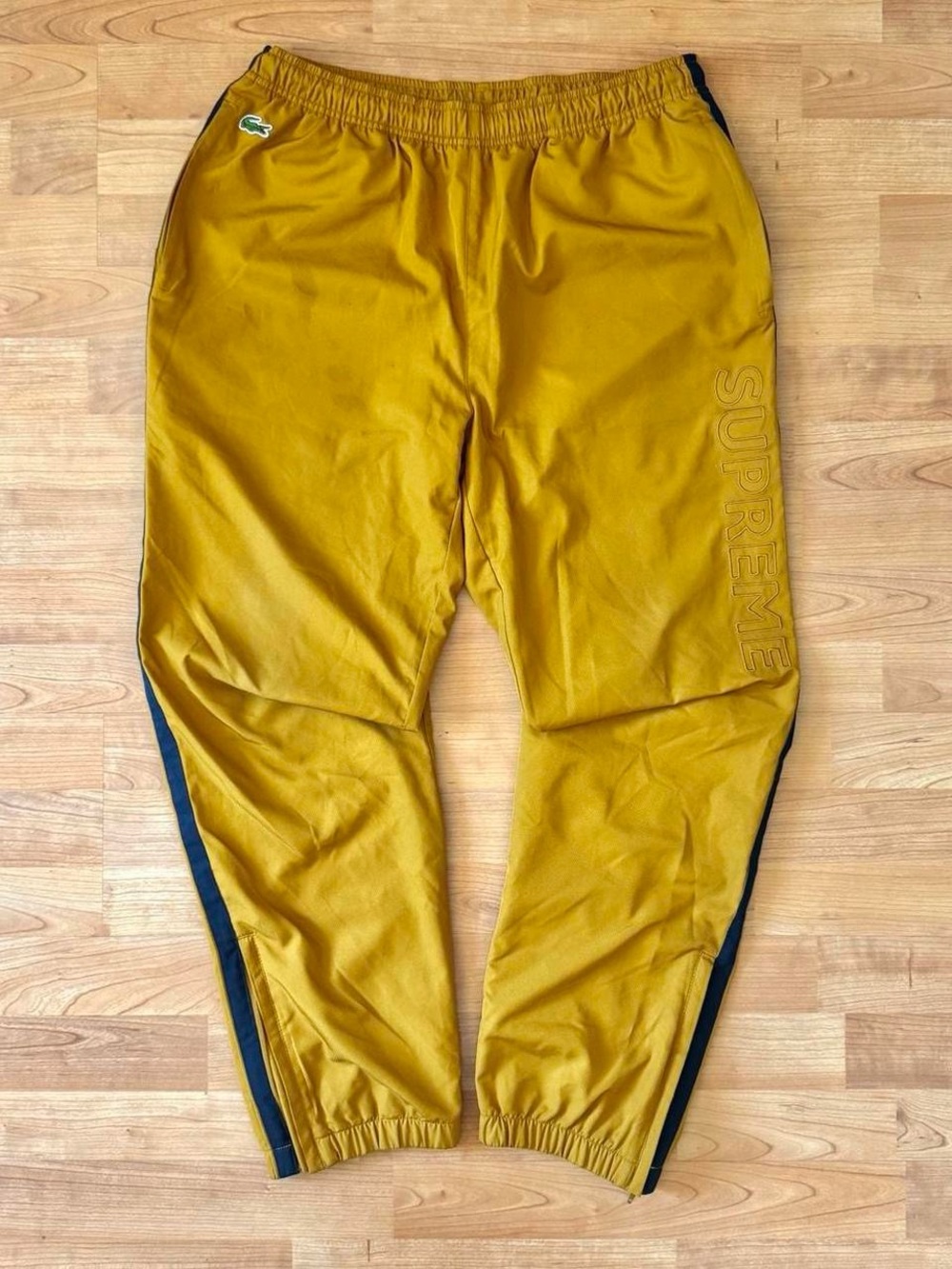 Lacoste Mustard Yellow Track Pants with Navy Side Stripes